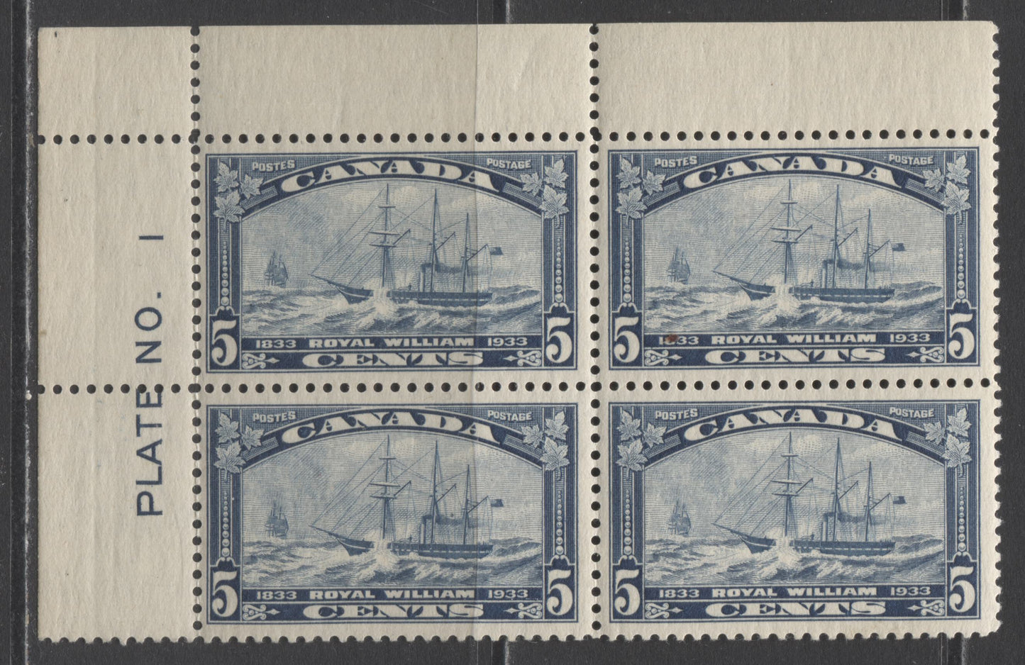 Lot 268 Canada #204 5c Dark Blue Royal William, 1933 Royal William Issue, A FNH UL Plate 1 Block Of 4