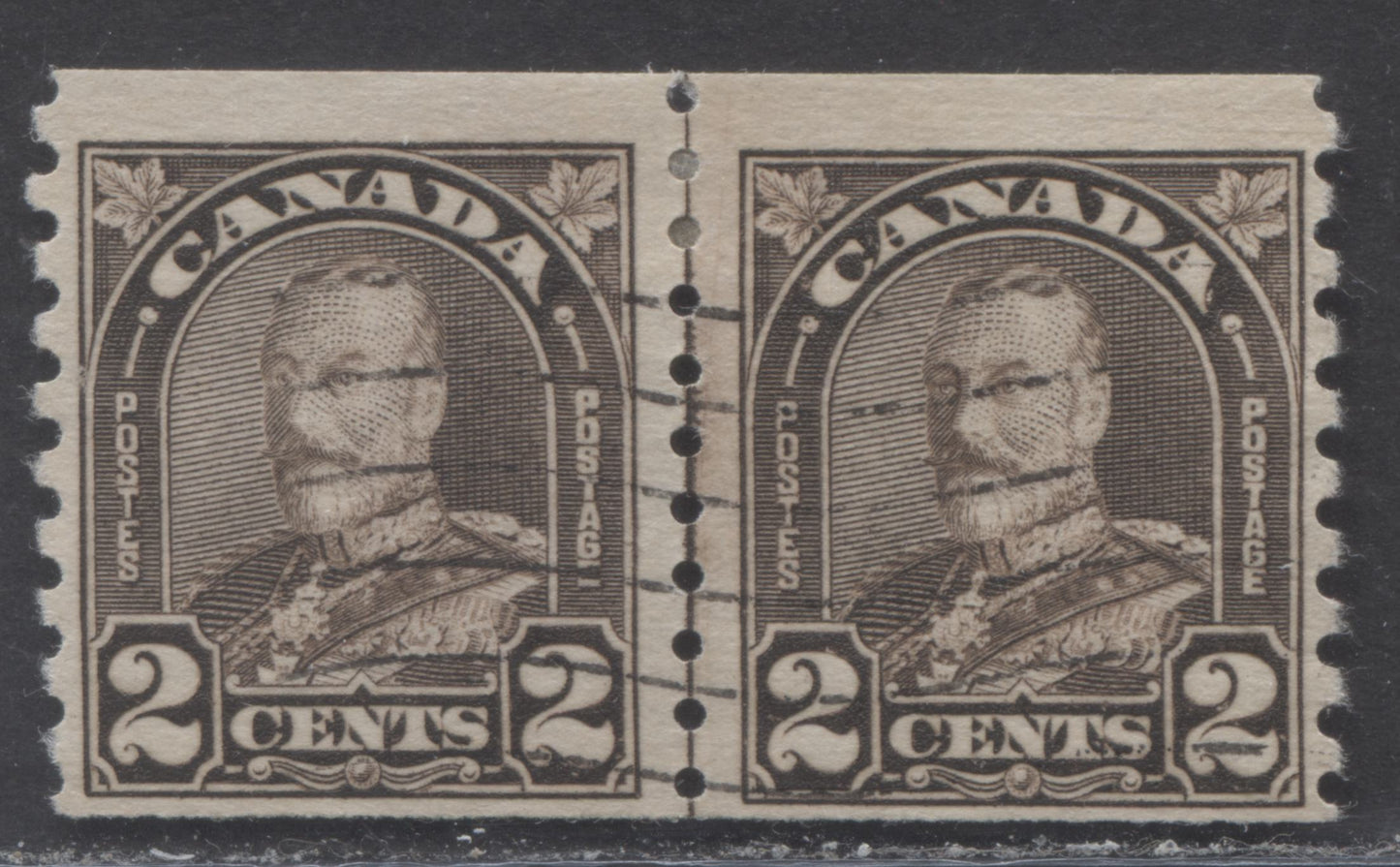 Lot 268 Canada #182iii 2c Dark Brown King George V, 1930-1931 Arch/Leaf Coil Issue, A Fine Used Coil Pair, With The Cockeyed King Variety