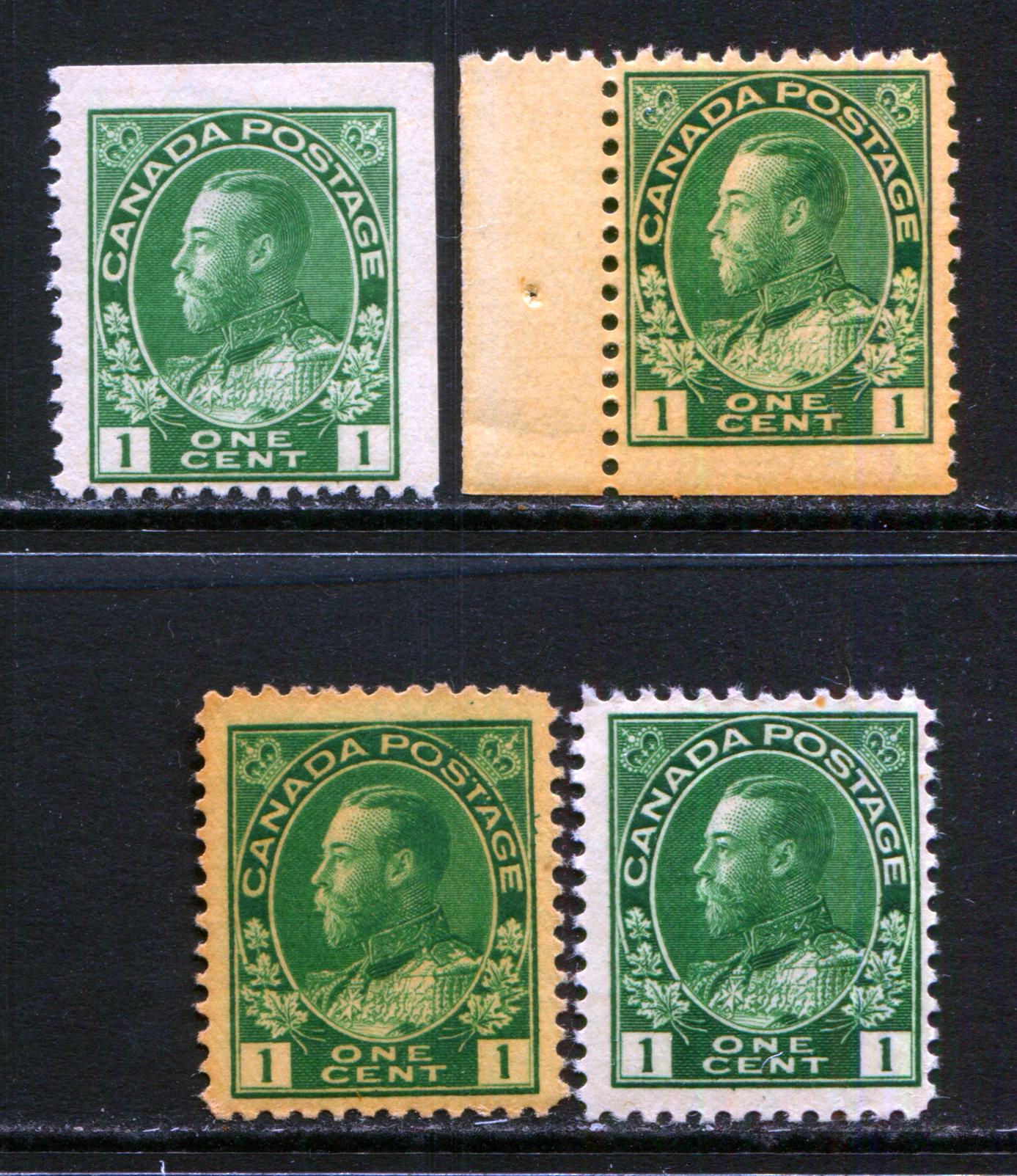 Lot 269 Canada #104,as 1c Dark Green King George V, 1911-1925 Admiral Issue, 4 Fine NH Booklet & Sheet Singles Showing Various Shades & Papers