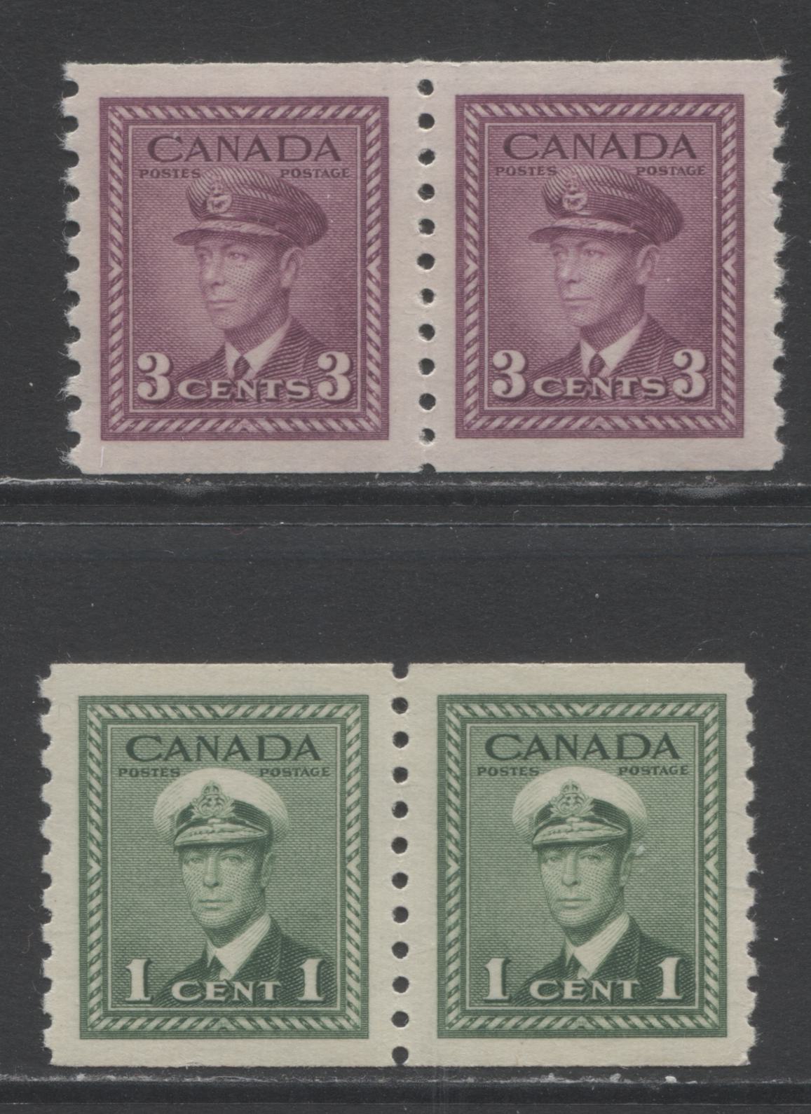 Lot 269 Canada #278, 280 1c & 3c Green & Rose Violet King George VI, 1948 War Issue Coils, 2 VFNH Coil Pairs On Vertical Ribbed Paper With Cream Gum, Perf 9.5 Vertical