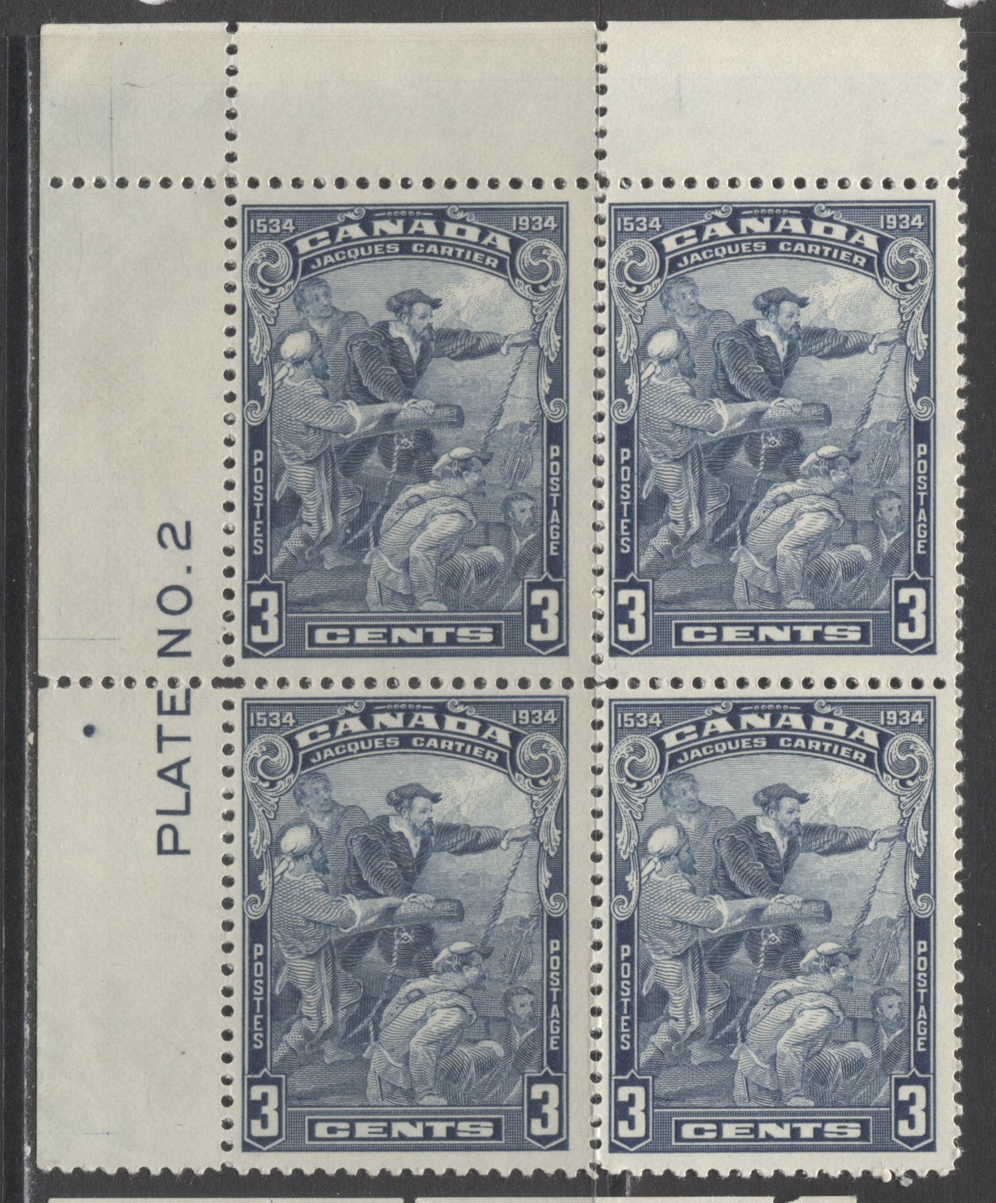 Lot 269 Canada #208 3c Blue Jacques Cartier, 1934 Jacques Cartier Issue, A FOG UL Plate 2 Block Of 4, Scratches In Selvedge, Dot Abot "T" of "Plate"