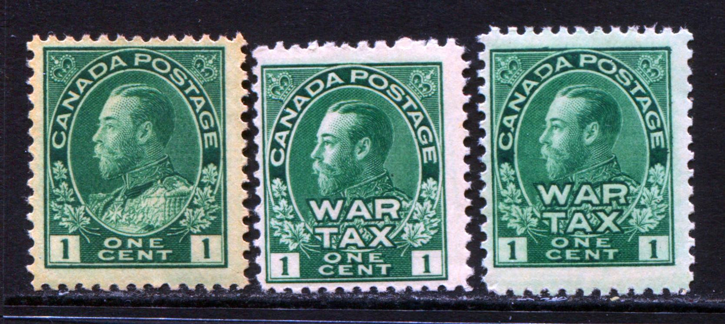 Lot 270 Canada #MR1, 104v 1c Dark Green King George V, 1911-1925 Admiral & War Tax Issues, 3 Fine NH Singles Showing Two Shades Of MR1
