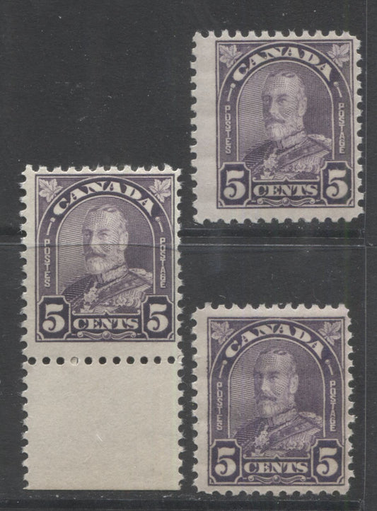Lot 270 Canada #169-a 5c Dull Violet King George V, 1930-1935 Arch/Leaf Issue, 3 Fine NH Singles, Rotary Press & Flat Printing, 2 Different Shades For Rotary