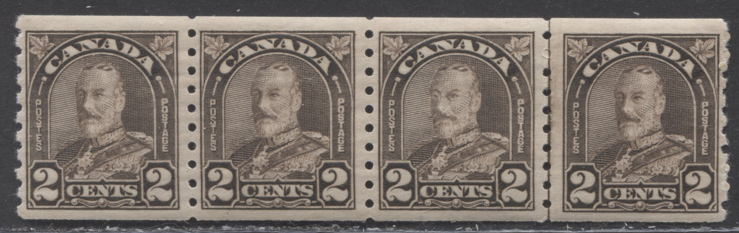 Lot 270 Canada #182iii 2c Dark Brown King George V, 1930-1931 Arch/Leaf Coil Issue, A VFNH Coil Strip Of 4, With The Cockeyed King Variety