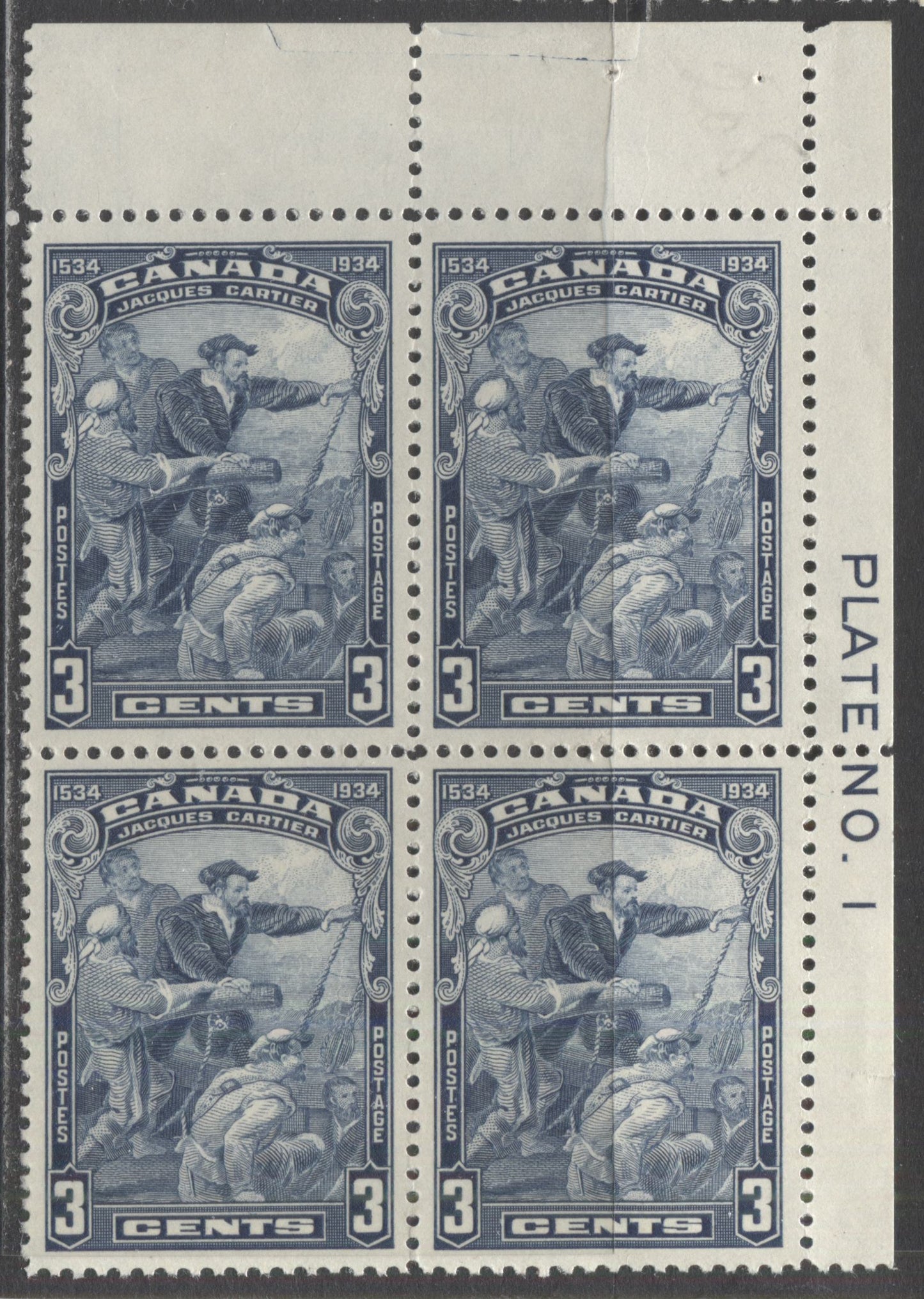 Lot 270 Canada #208 3c Blue Jacques Cartier, 1934 Jacques Cartier Issue, A VFNH UR Plate 1 Block Of 4