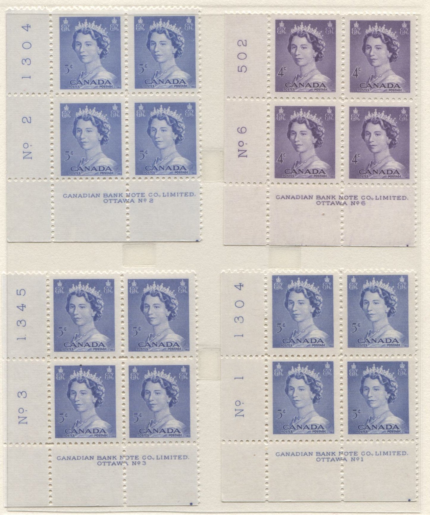 Lot 27 Canada #328-330 4c & 5c Violet & Ultramarine Queen Elizabeth II, 1953 Karsh & Coronation Issues, 5 VFNH LL Plates 1-3 & 6 Blocks Of 4