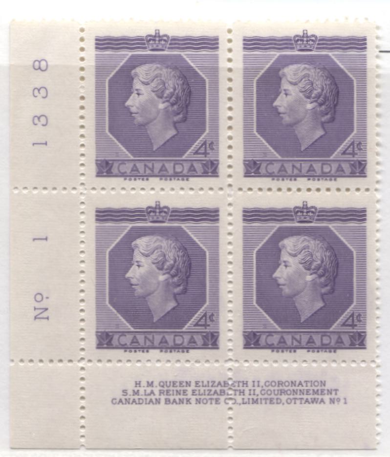 Lot 27 Canada #328-330 4c & 5c Violet & Ultramarine Queen Elizabeth II, 1953 Karsh & Coronation Issues, 5 VFNH LL Plates 1-3 & 6 Blocks Of 4