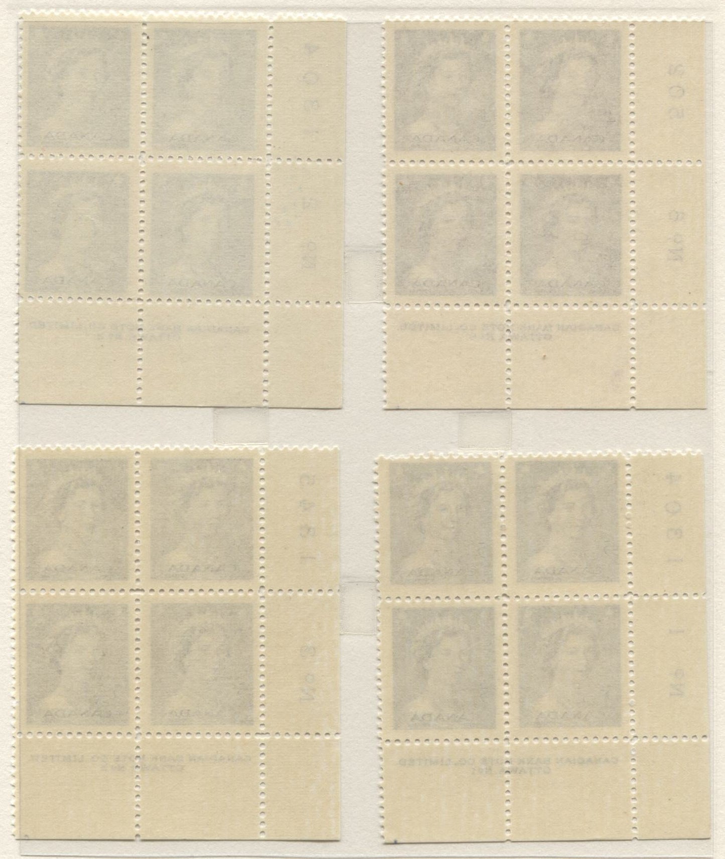 Lot 27 Canada #328-330 4c & 5c Violet & Ultramarine Queen Elizabeth II, 1953 Karsh & Coronation Issues, 5 VFNH LL Plates 1-3 & 6 Blocks Of 4