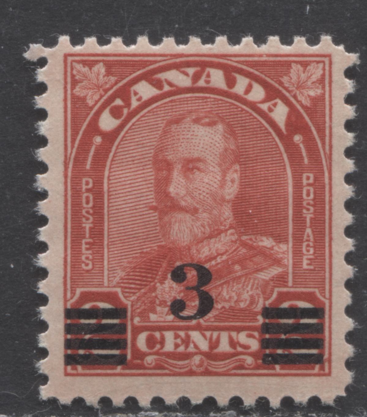 Lot 271 Canada #191i 3c On 2c Deep Red King George V, 1932 Arch/Leaf Provisional Issue, A VFNH Single, With The Extended Moustache Variety