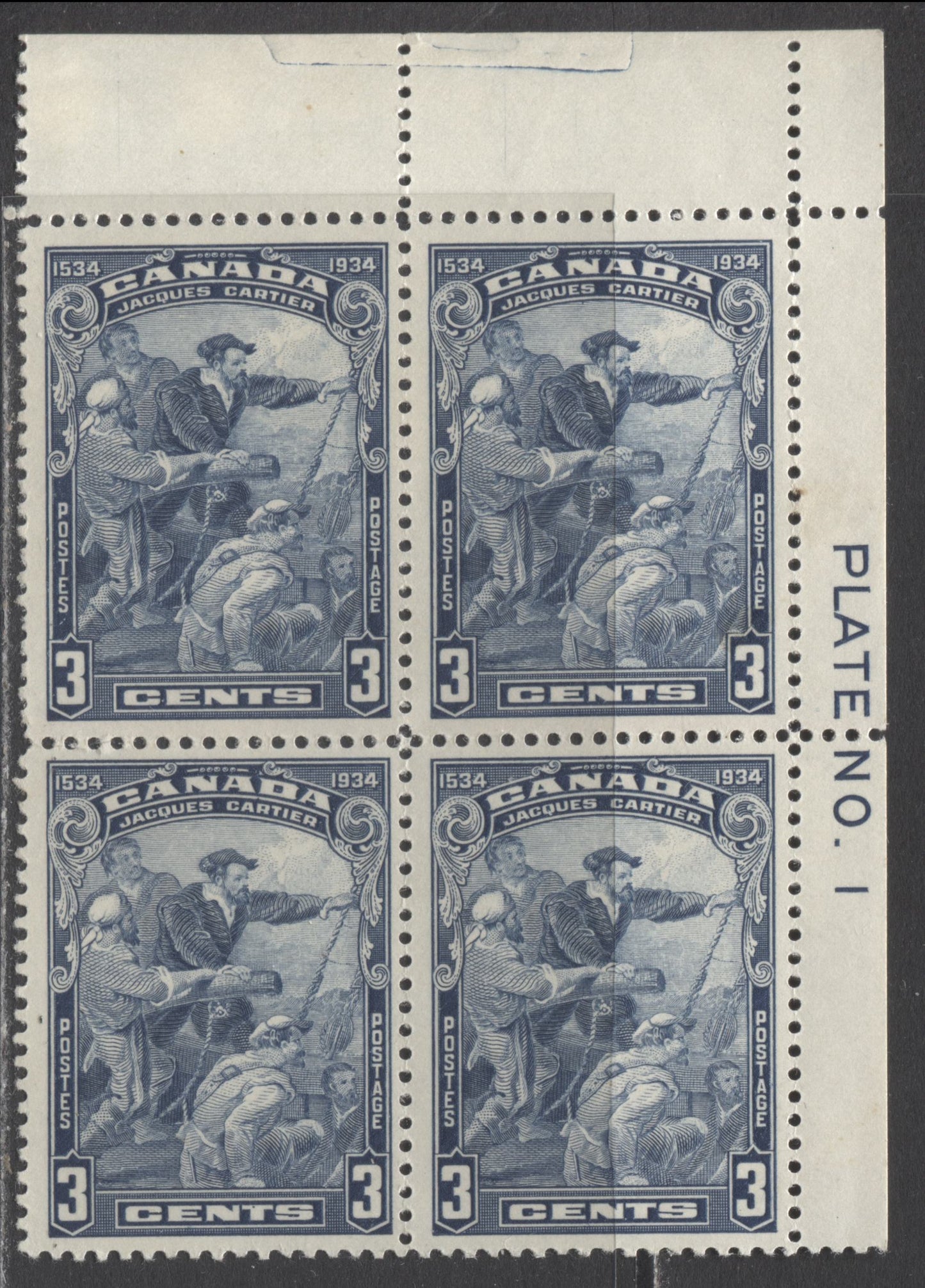 Lot 271 Canada #208 3c Blue Jacques Cartier, 1934 Jacques Cartier Issue, 2 FOG UR Plates 1-2 Blocks Of 4