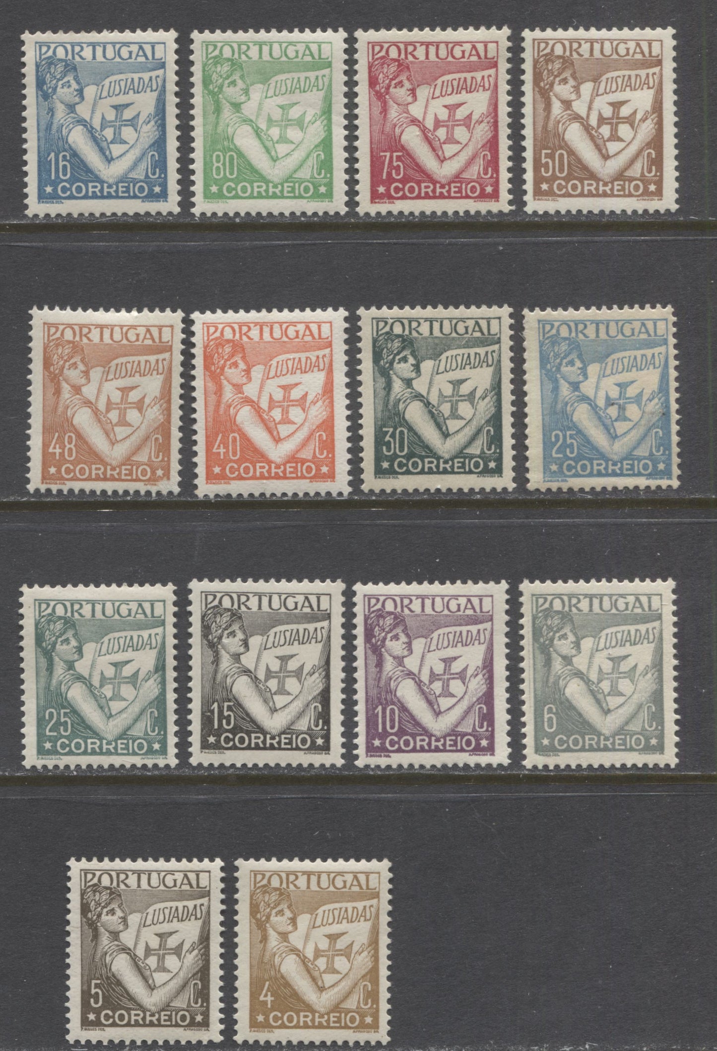 Lot 150 Portugal SC#497-510 1931-1938 Portugal Holding Lusiads Definitive Issue, A Mostly VFOG Short Set to 80c, 2022 Scott Classic Cat $22.10 USD