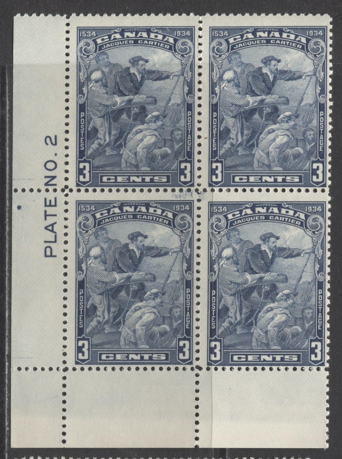 Lot 272 Canada #208 3c Blue Jacques Cartier, 1934 Jacques Cartier Issue, A FLH LL Plate 2 Block Of 4, Dot Above "T" of "Plate"