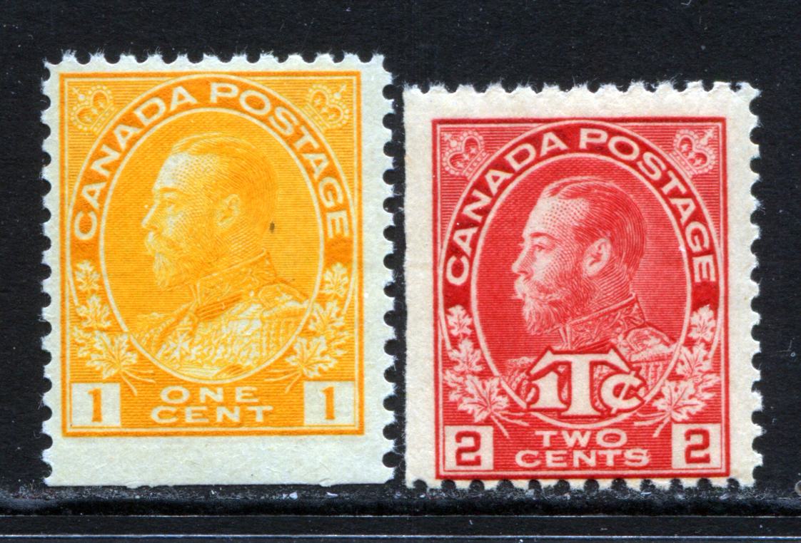 Lot 272 Canada #105as, MR3 1c & 1c on 2c Lemon Yellow & Rose Carmine King George V, 1911-1925 Admiral & War Tax Issues, 2 Fine NH Sheet & Booklet Singles, Die 1