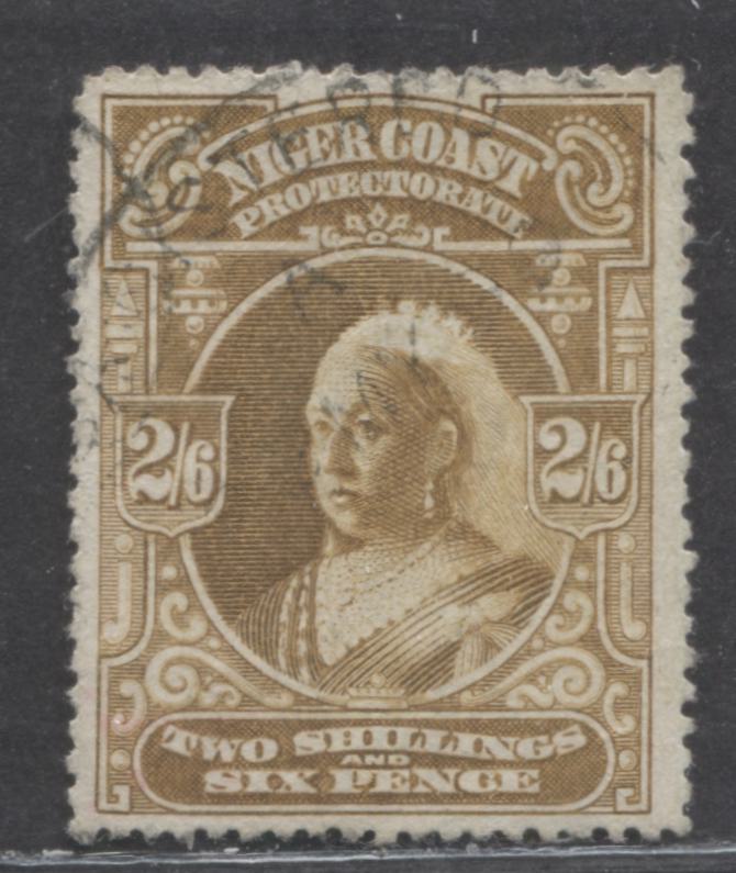 Lot 273 Niger Coast SC#62(SG#73a) Two Shillings And Six Pence Olive Bistre 1897 - 1898 Watermarked Issue, Perf 15.5 - 16, A Fine - Very Fine Used Example, Click on Listing to See ALL Pictures, Estimated Value $150 USD