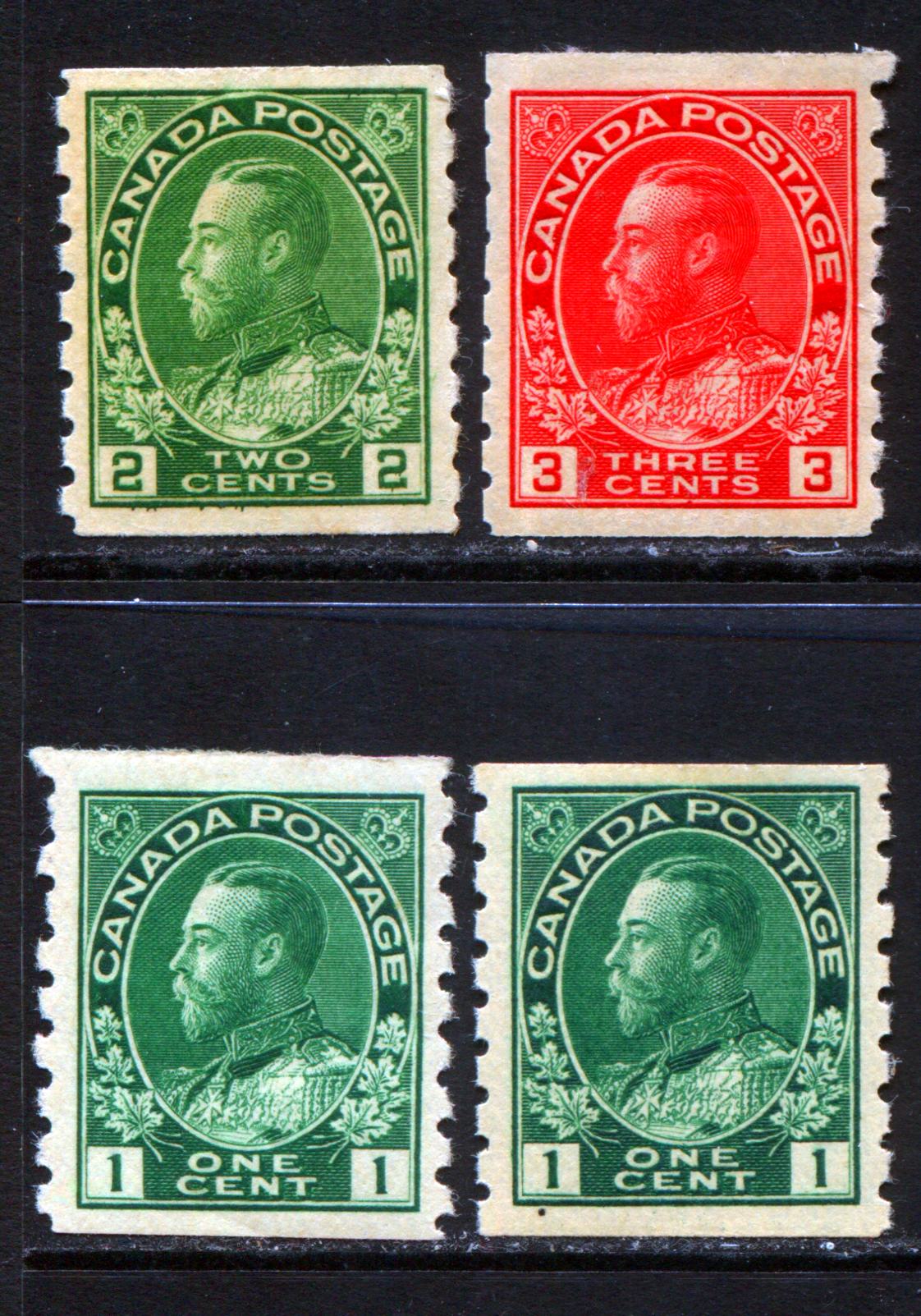 Lot 273 Canada #125, 128, 130 1c, 2c & 3c Green & Carmine King George V, 1911-1925 Admiral Coil Issue, 4 VG-fine OG Coil Singles, Perf 8 Vertical, Two Shades Of 1c, Wet Printings, Die 1