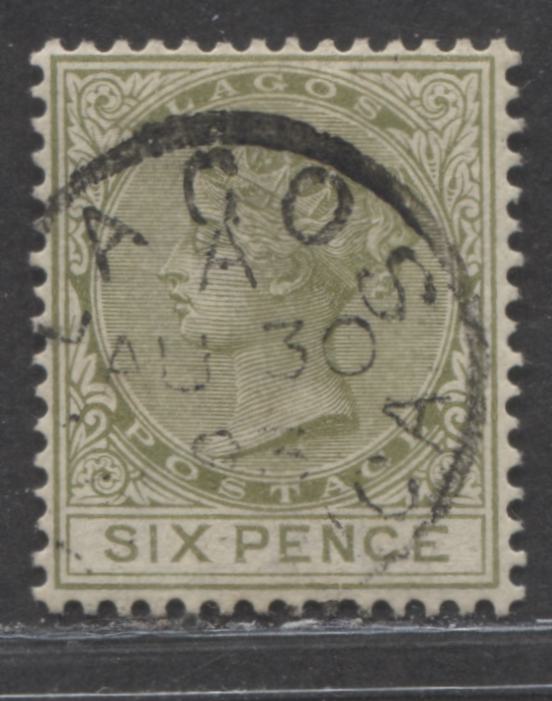 Lot 273 Lagos SG#25 (SC#26) 6d Olive Green, Queen Victoria, 1884-1886 Second Crown CA Watermarked Issue,  A Very Fine Used Example, August 30, 1893 Lagos CDS Cancel, 2022 Scott Classic Cat. $55 USD,  Click on Listing to See ALL Pictures