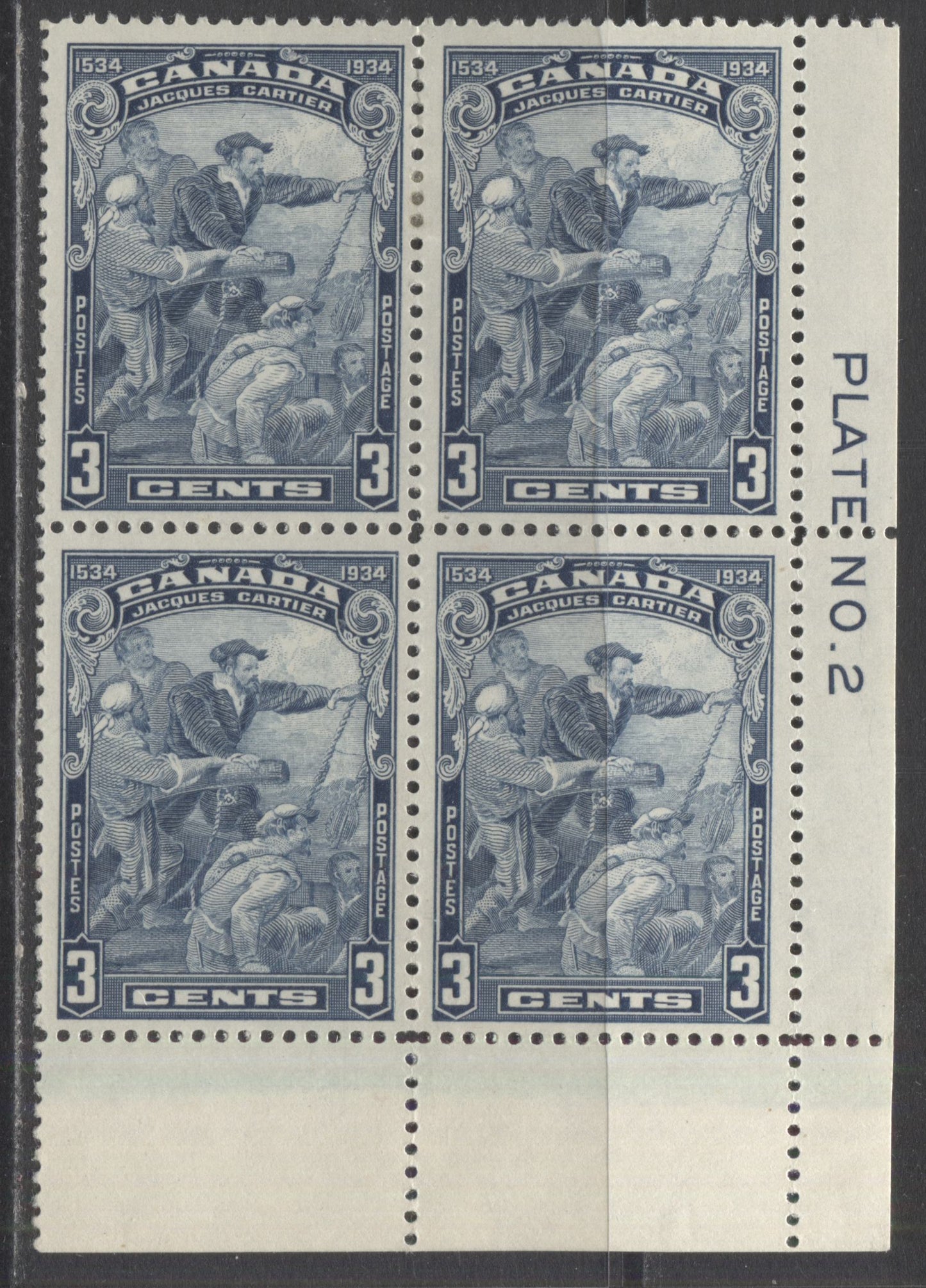 Lot 273 Canada #208 3c Blue Jacques Cartier, 1934 Jacques Cartier Issue, A FOG LR Plate 2 Block Of 4