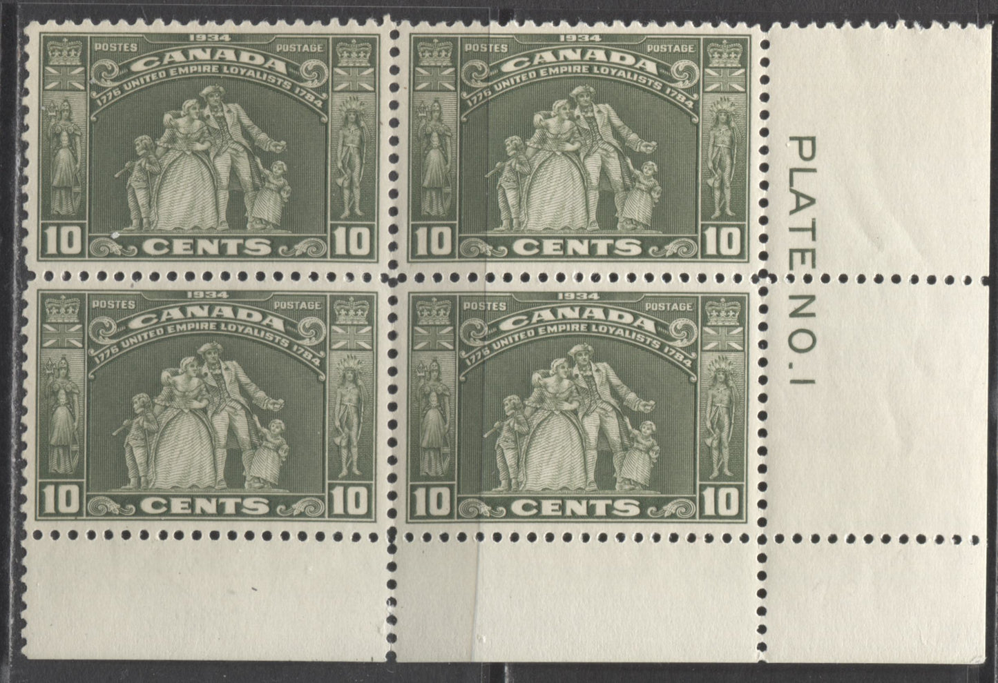 Lot 274 Canada #209 10c Olive Green Loyalist Statues, 1934 Loyalist Issue, A VFNH LR Plate 1 Block Of 4 With Cream Gum