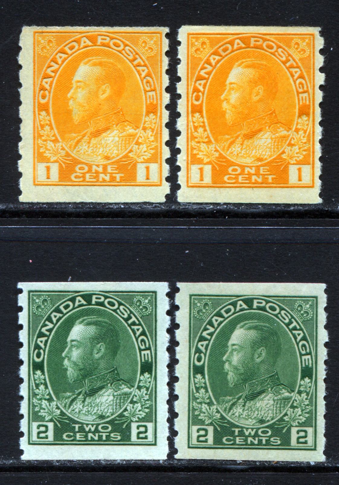 Lot 274 Canada #126, 126d, 128ii 1c & 2c Orange Yellow & Green King George V, 1911-1925 Admiral Coil Issue, Perf. 8 Vertically, 4 VG-fine NH Coil Singles, Dies 1-2. Wet & Dry Printings