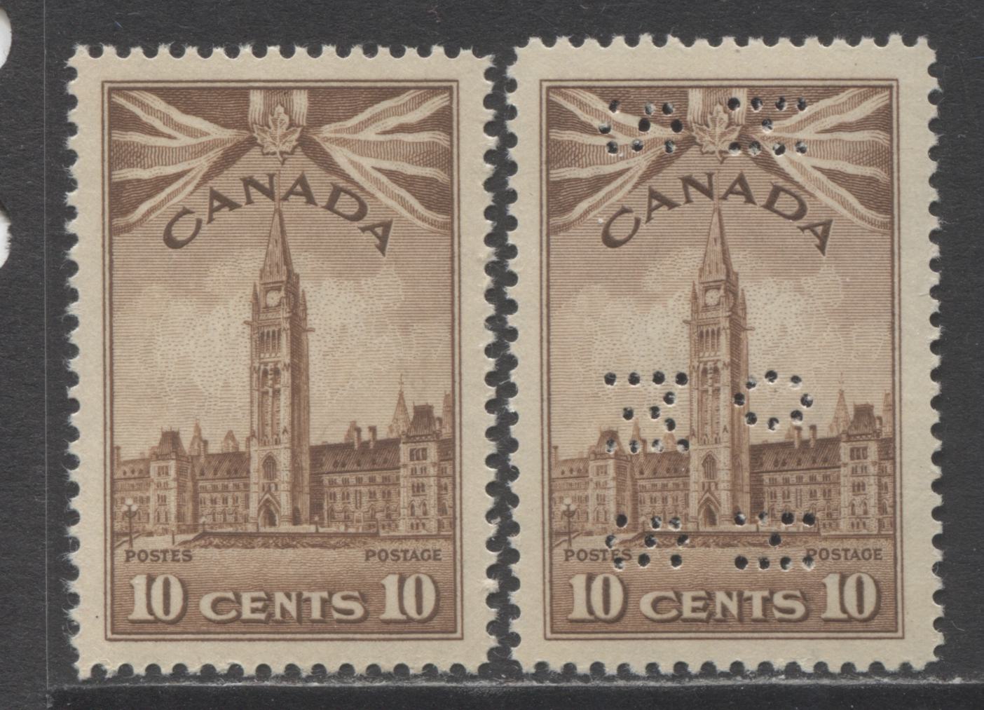 Lot 274 Canada #257, O9-257 10c Brown Parliament Buldings, 1942-1943 War Issue & 4 Hole OHMS Perfin War Issue, 2 VFNH Singles Vertical Wove Papers With Brownish Cream & Cream Gum, Position F