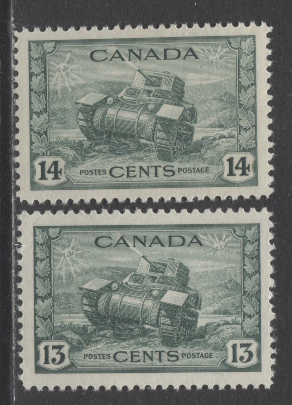 Lot 275 Canada #258-259 13c & 14c Dull Green Ram Tank, 1942-1943 War Issue, 2 VFNH Singles On Vertical Wove Paper With Cream Gum