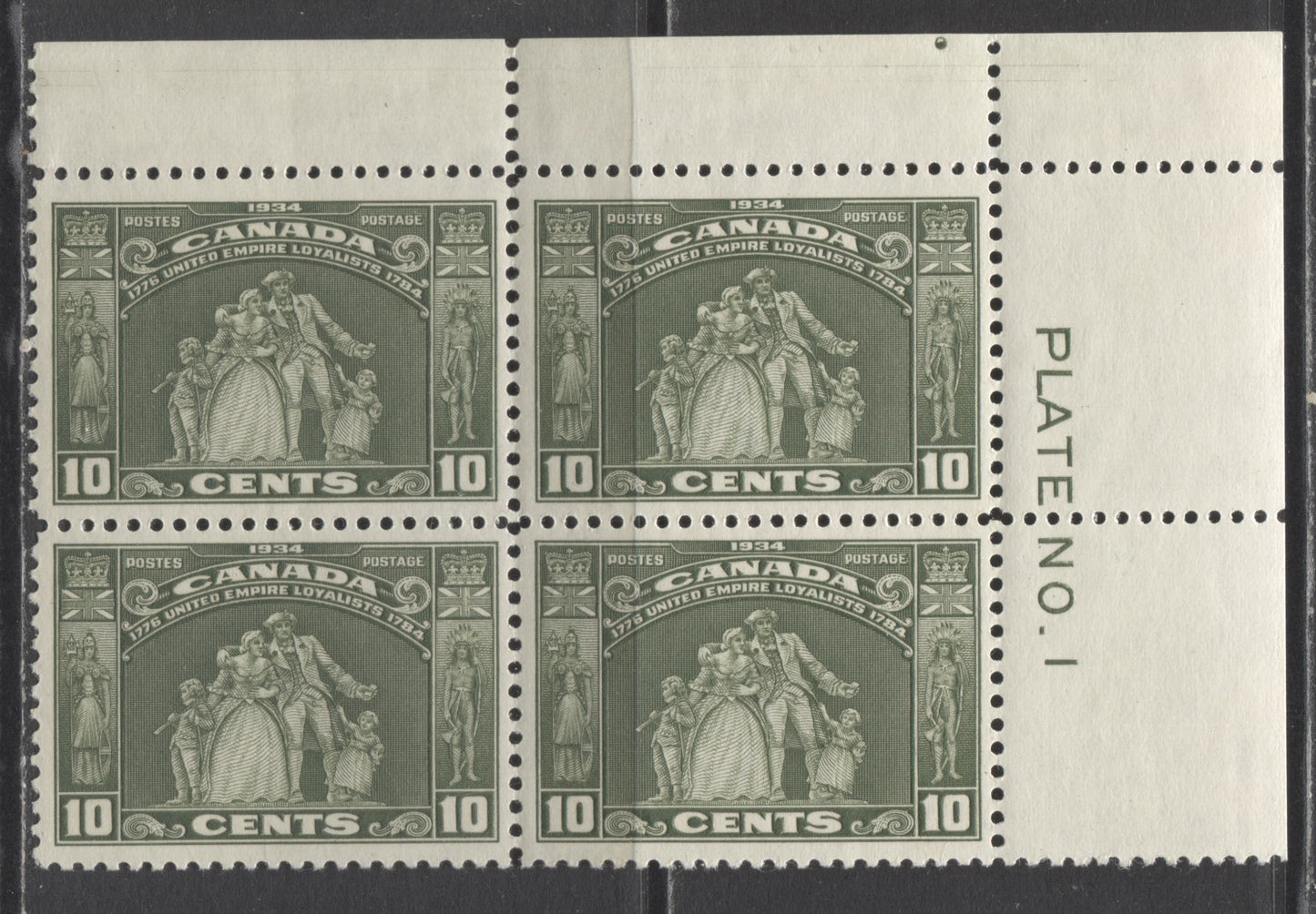 Lot 275 Canada #209 10c Olive Green Loyalist Statues, 1934 Loyalist Issue, A VFLH UR Plate 1 Block Of 4 With Two Hairline Guidelines In Upper Selvedge & Guide Dot