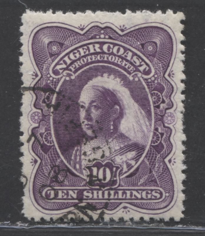 Lot 275 Niger Coast SC#63(SG#74ba) Ten Shillings Bright Purple 1897 - 1898 Watermarked Issue, Perf 13.5 - 14, A Very Fine Used Example, Click on Listing to See ALL Pictures, 2022 Scott Classic Cat. $225 USD
