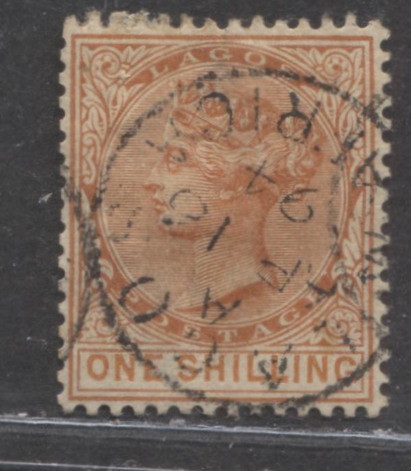 Lot 275 Lagos SG#26 (SC#31) 1/- Deep Red Orange, Queen Victoria, 1884-1886 Second Crown CA Watermarked Issue, A VF Used Example, April 18, 1894 Lagos CDS, 2022 Scott Classic Cat. $25 USD,  Click on Listing to See ALL Pictures