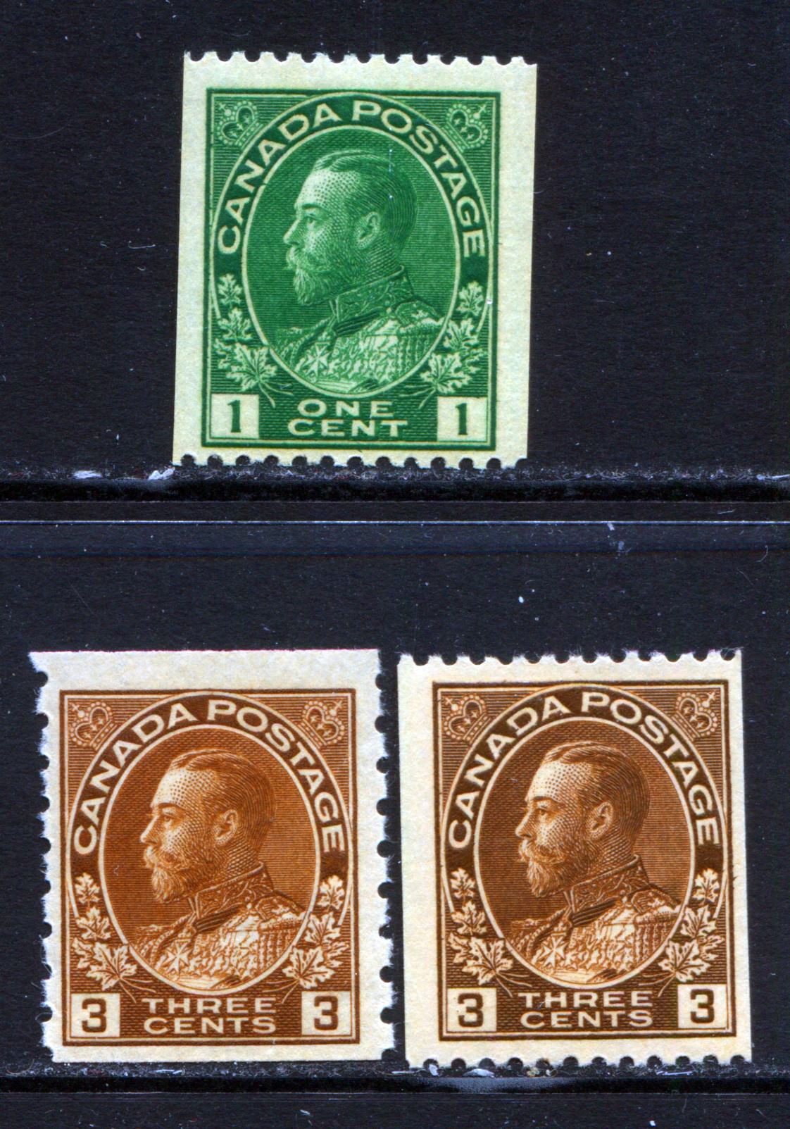 Lot 275 Canada #129, 131, 134 1c & 3c Green & Brown King George V, 1911-1925 Admiral Coil Issue, 3 Fine NH Coil Singles, Perf 8 Vertical & Perf 12 Horizontal