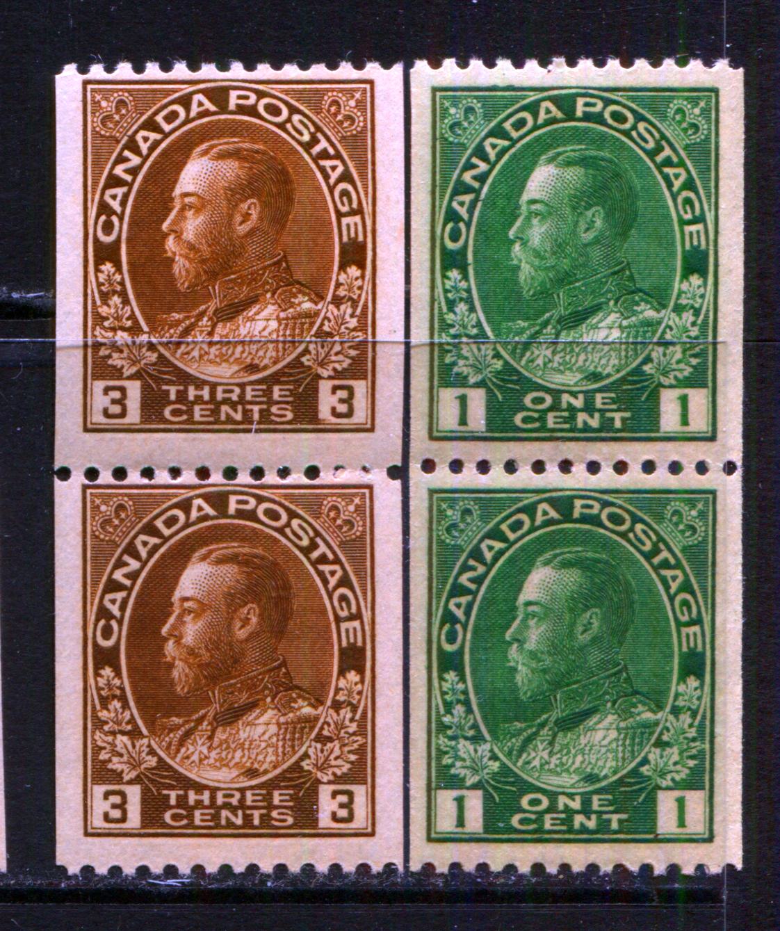 Lot 276 Canada #131, 134 1c & 3c Green & Brown King George V, 1911-1925 Admiral Coil Issue, 2 F/VFNH Coil Pairs, Perf 12 Horizontal