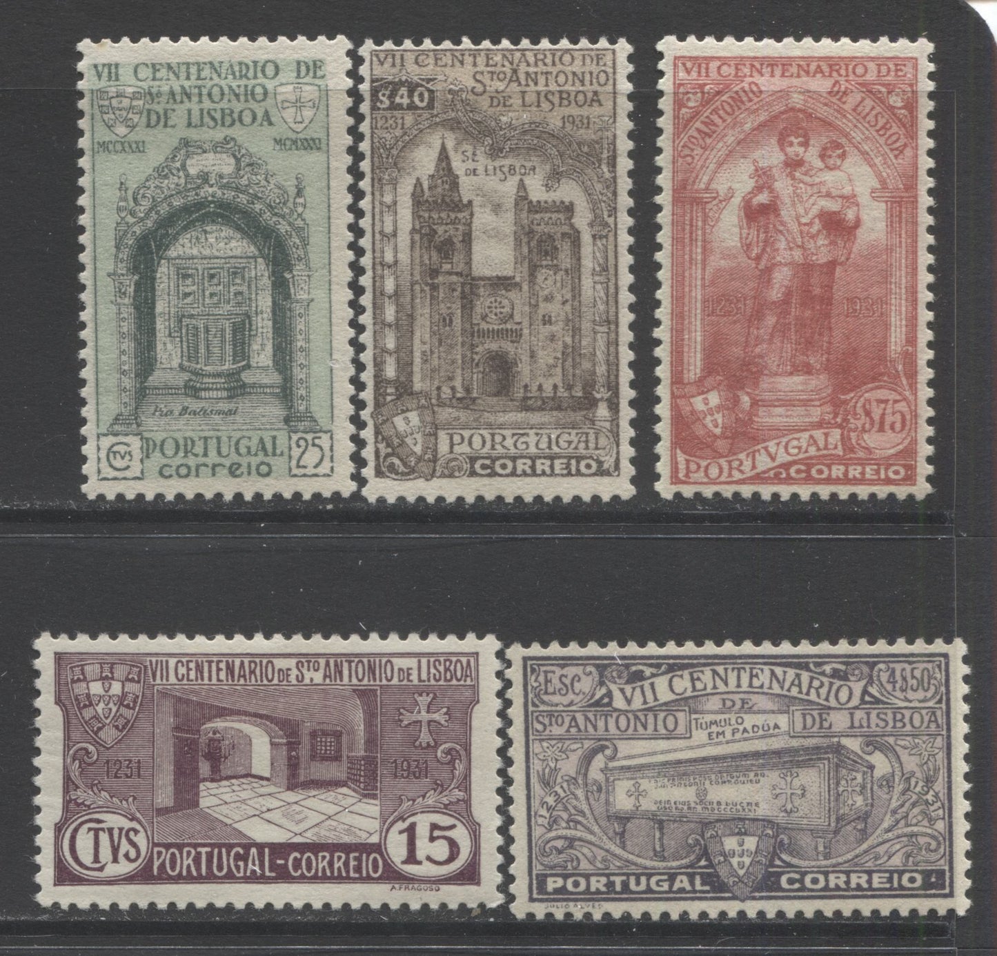 Lot 153 Portugal SC#528/533 1931 St. Anthony of Padua Issue, A Mostly VFOG Partial Set Missing Only the 1.25e (Offered as Lot 276), 2022 Scott Classic Cat $46.30 USD