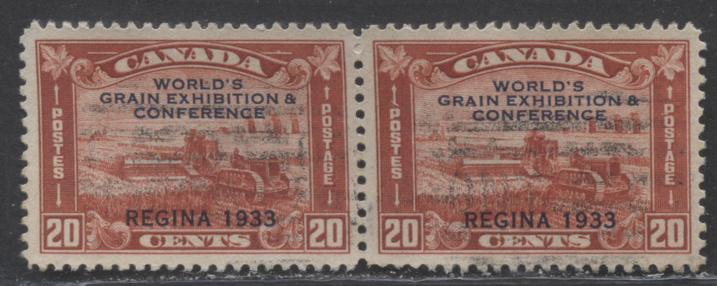 Lot 276 Canada #203i 20c Brown Red Harvesting Wheat Overprint, 1933 Grain Exhibition Issue, A Very Fine Used Pair, With Broken X Variety