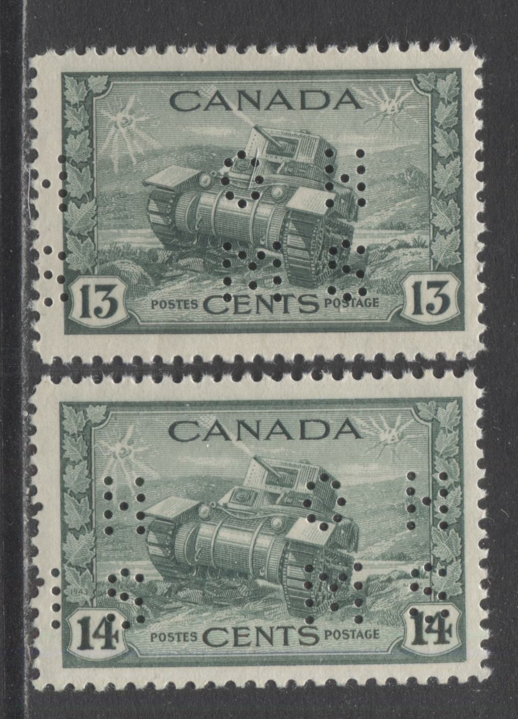 Lot 276 Canada #O9-258, O9-259 13c & 14c Dull Green Ram Tank, 1942-1943 4 Hole OHMS Perfin War Issue, 2 Fine NH Singles On Vertical Wove Paper With Cream Gum, Position A