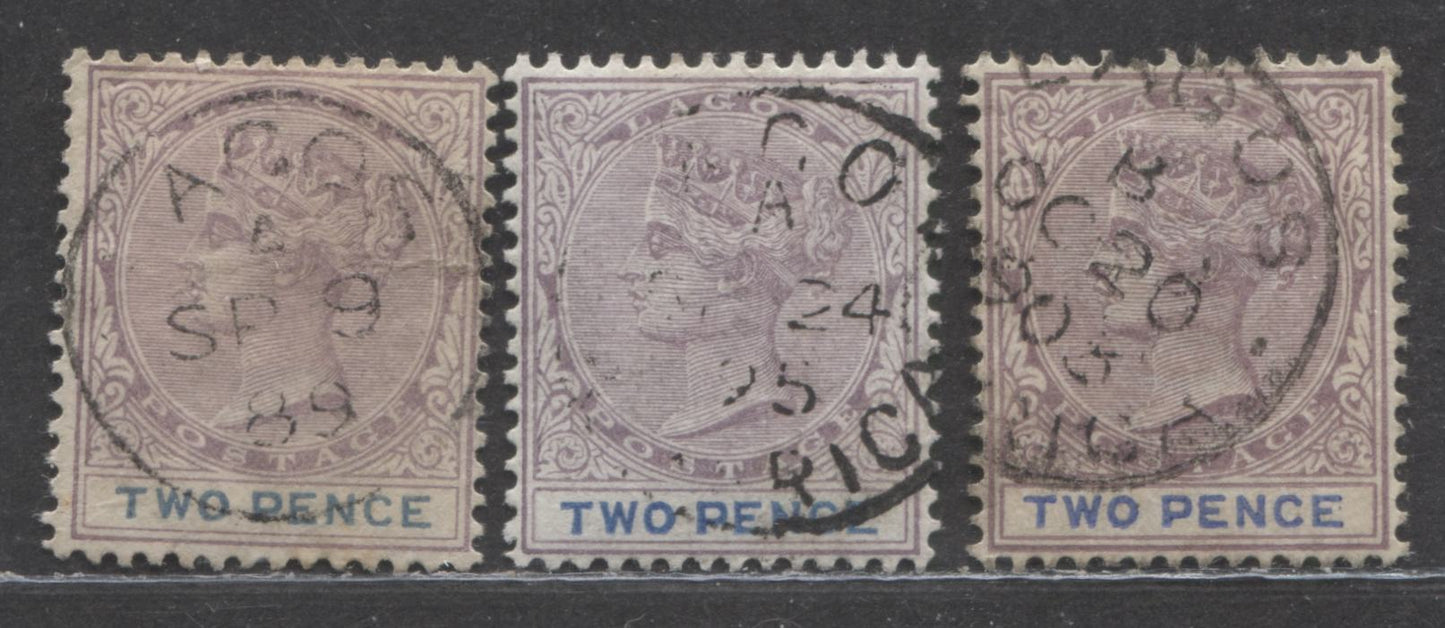 Lot 277 Lagos SG#30 (SC#18) 2d Slate Lilac & Ultramarine, Queen Victoria, 1887-1902 Bicoloured Crown CA Watermarked Issue, Early, Mid and Late Printings, Three VF Used Examples, 2022 Scott Classic Cat. $9.75 USD,  Click on Listing to See ALL Pictures