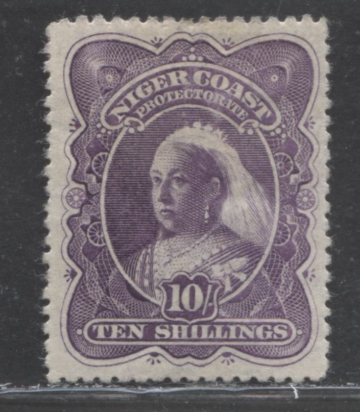 Lot 277 Niger Coast SC#63(SG#74b) Ten Shillings Deep Purple 1897 - 1898 Watermarked Issue, Perf 13.5 - 14, A Very Fine OG Example, Click on Listing to See ALL Pictures, 2022 Scott Classic Cat. $140 USD