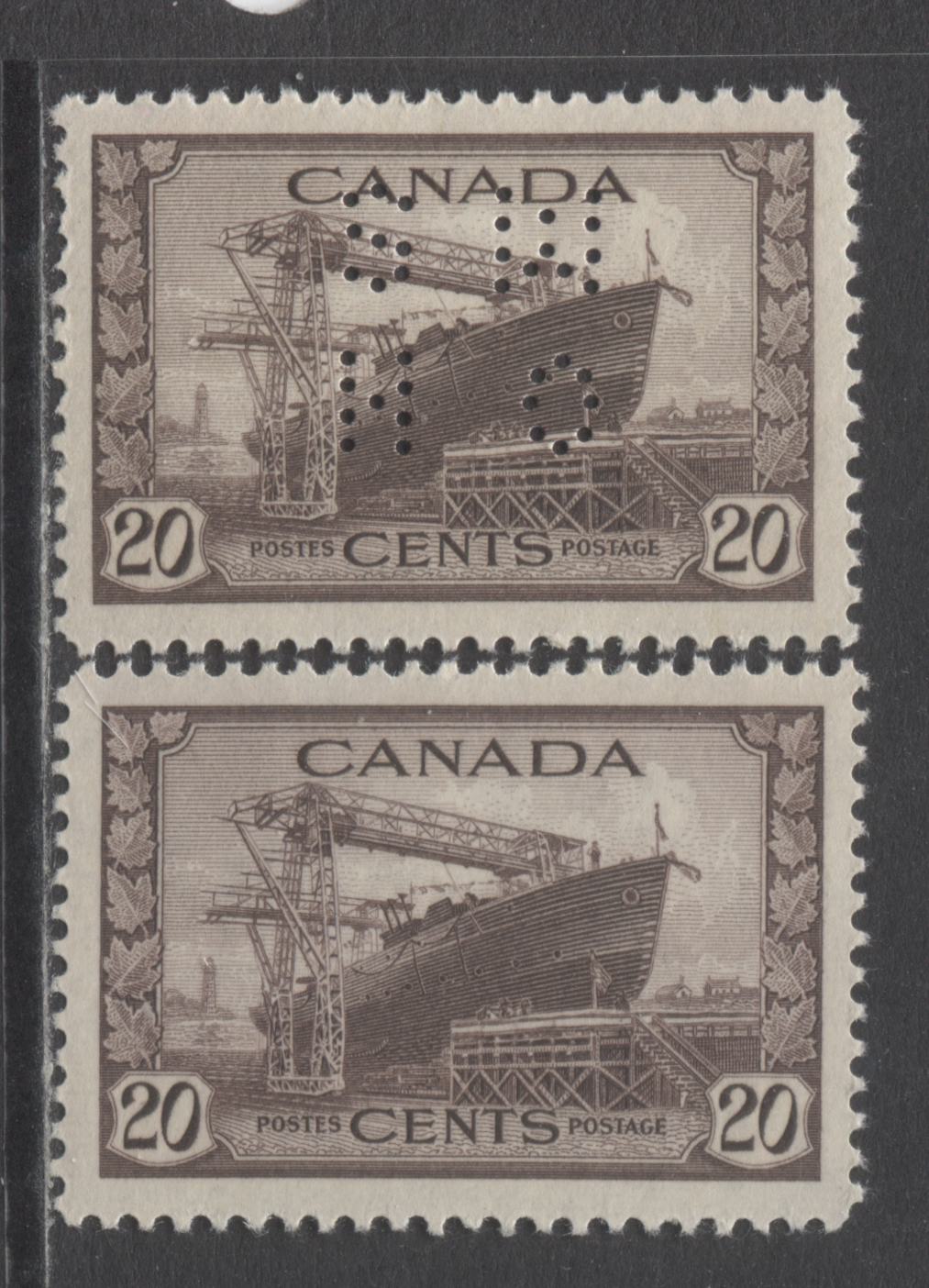 Lot 277 Canada #260, O9-260 20c Chocolate Corvette, 1942-1943 War Issue & Perfin War Issue, 2 Fine NH and VFNH Singles On Vertical Wove Paper With Satin Cream & Smooth Cream Gums, Position C