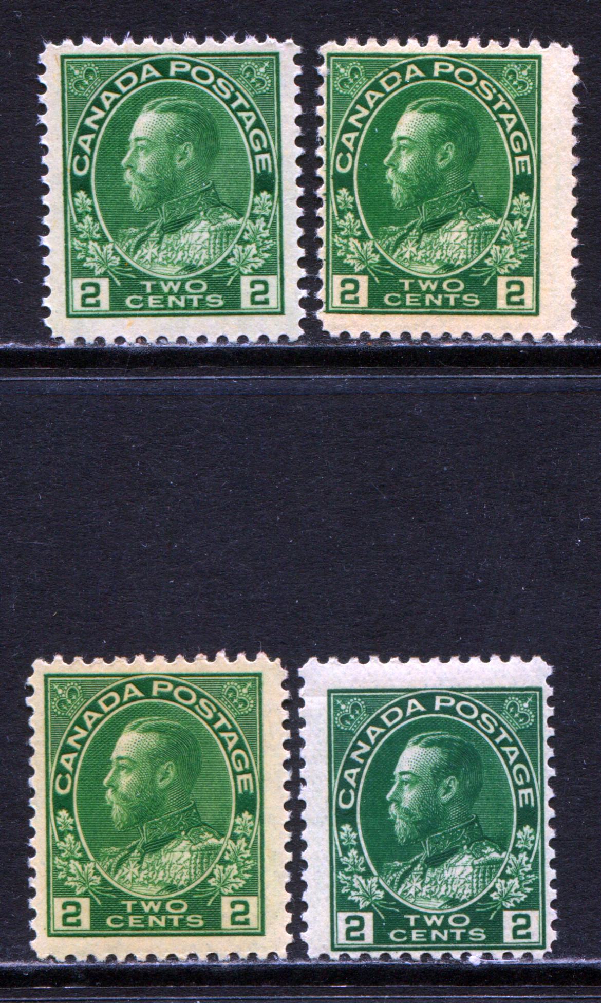 Lot 278 Canada #107ii,a,e,iv 2c Yellow Green King George V, 1911-1925 Admiral Issue, 4 Fine NH Singles, Wet & Dry Printings, Normal and Thin Papers, Different Shades