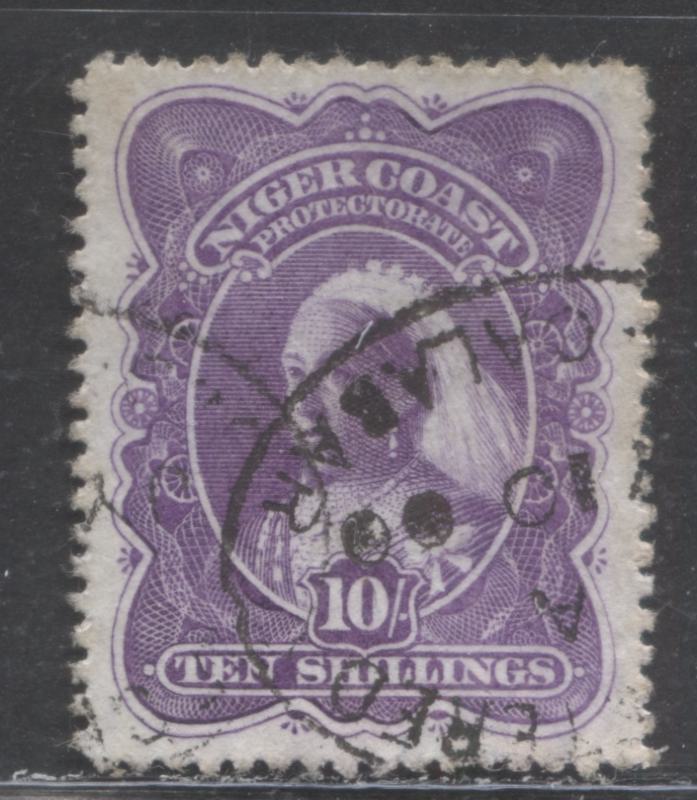Lot 278 Niger Coast SC#63a(SG#74ba) Ten Shillings Bright Purple 1897 - 1898 Watermarked Issue, Perf 13.5 - 14, A Very Fine Used Example, Click on Listing to See ALL Pictures, 2022 Scott Classic Cat. $225 USD