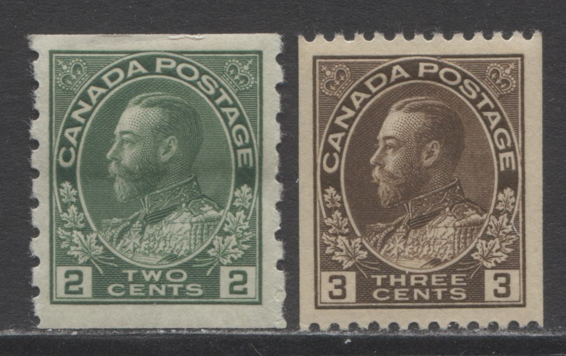 Lot 279 Canada #128ii, 129 2c & 3c Green & Brown King George V, 1911-1925 Admiral Coil Issue, 2 VFOG Coil Singles, Perf 8 Vertical & Perf 12 Horizontal