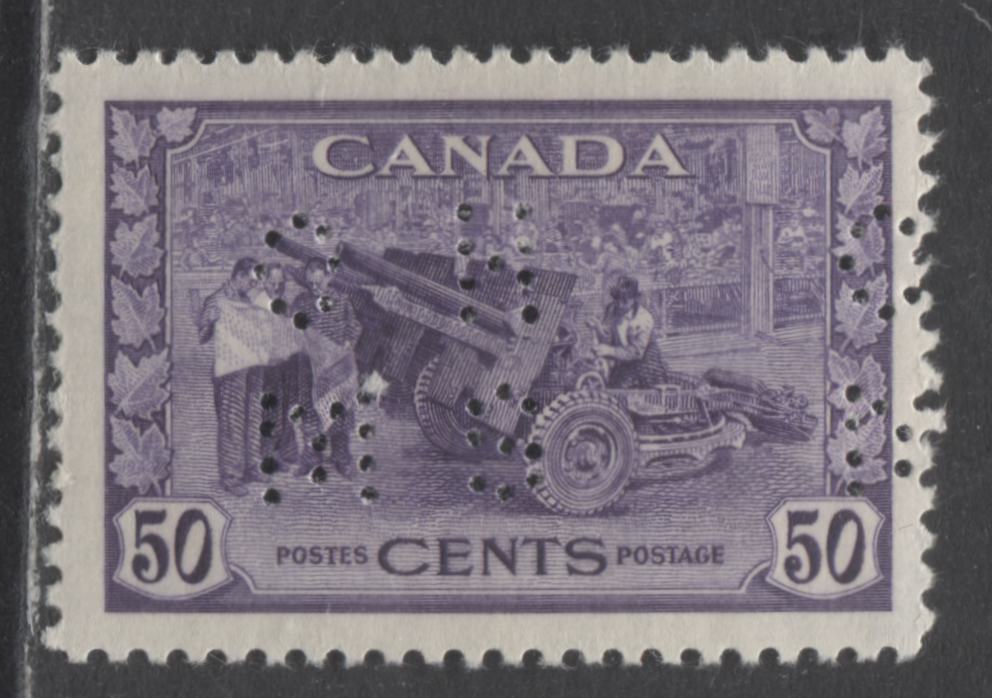 Lot 279 Canada #O9-261 50c Violet Munitions Factory, 1942-1943 4 Hole OHMS Perfin War Issue, A Fine NH Single On Horizontal Wove Paper With Cream Gum, Position A