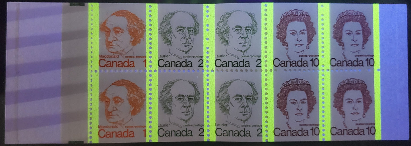 Canada McCann #BK76jvarT3 1972-1978 Caricature Issue, A Complete 50c Booklet, MF Cover, DF-fl Pane With Sparse MF Fibers, Normal Stamp Colors