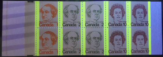 Canada McCann #BK76jvarT3 1972-1978 Caricature Issue, A Complete 50c Booklet, MF Cover, DF-fl Pane With Sparse MF Fibers, Normal Stamp Colors