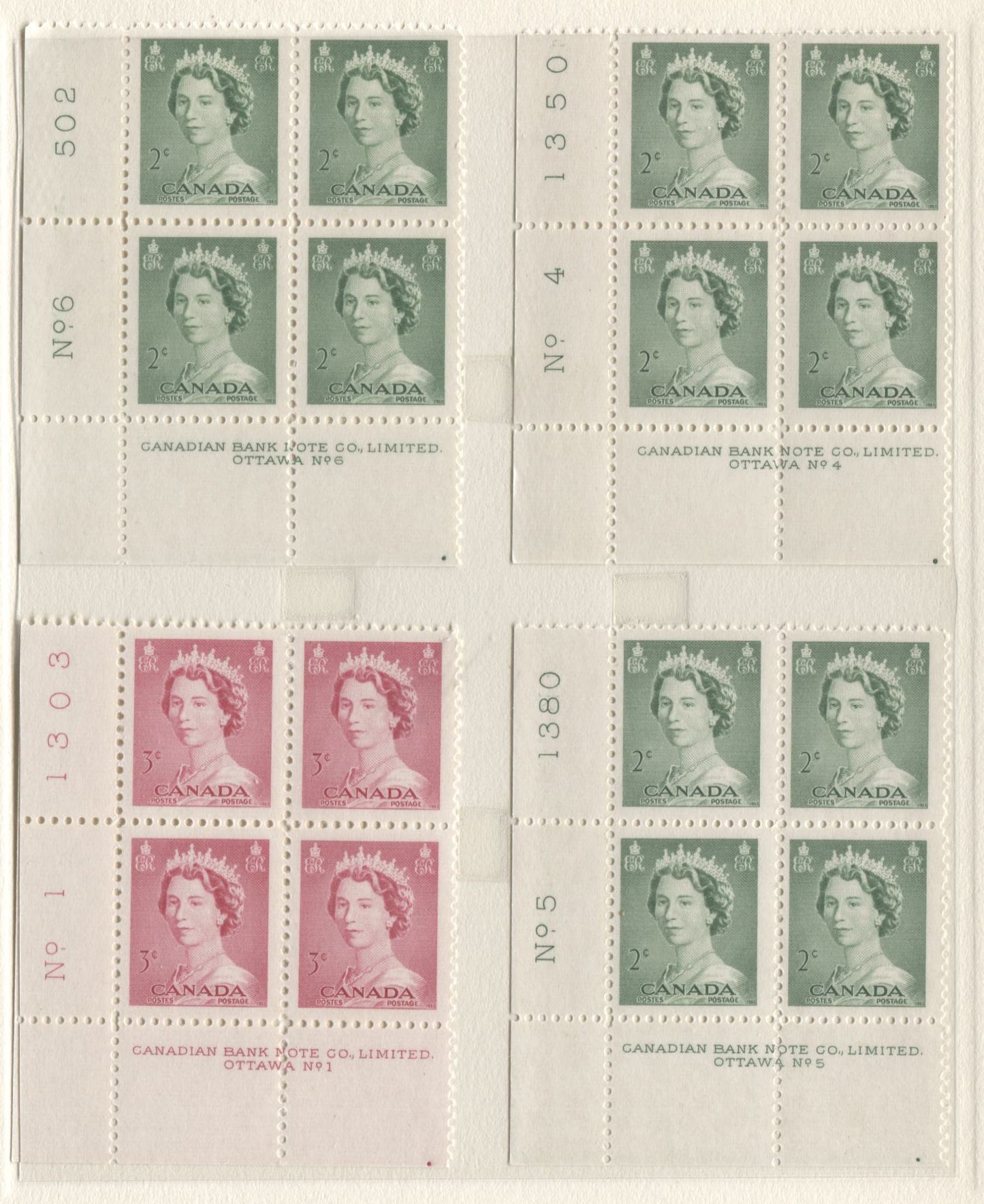 Lot 28 Canada #326-327, 330 2c - 4c Green - Violet Queen Elizabeth II, 1953 Karsh & Coronation Issues, 5 Fine and VFNH LL Plates 1, 4-6 Blocks Of 4