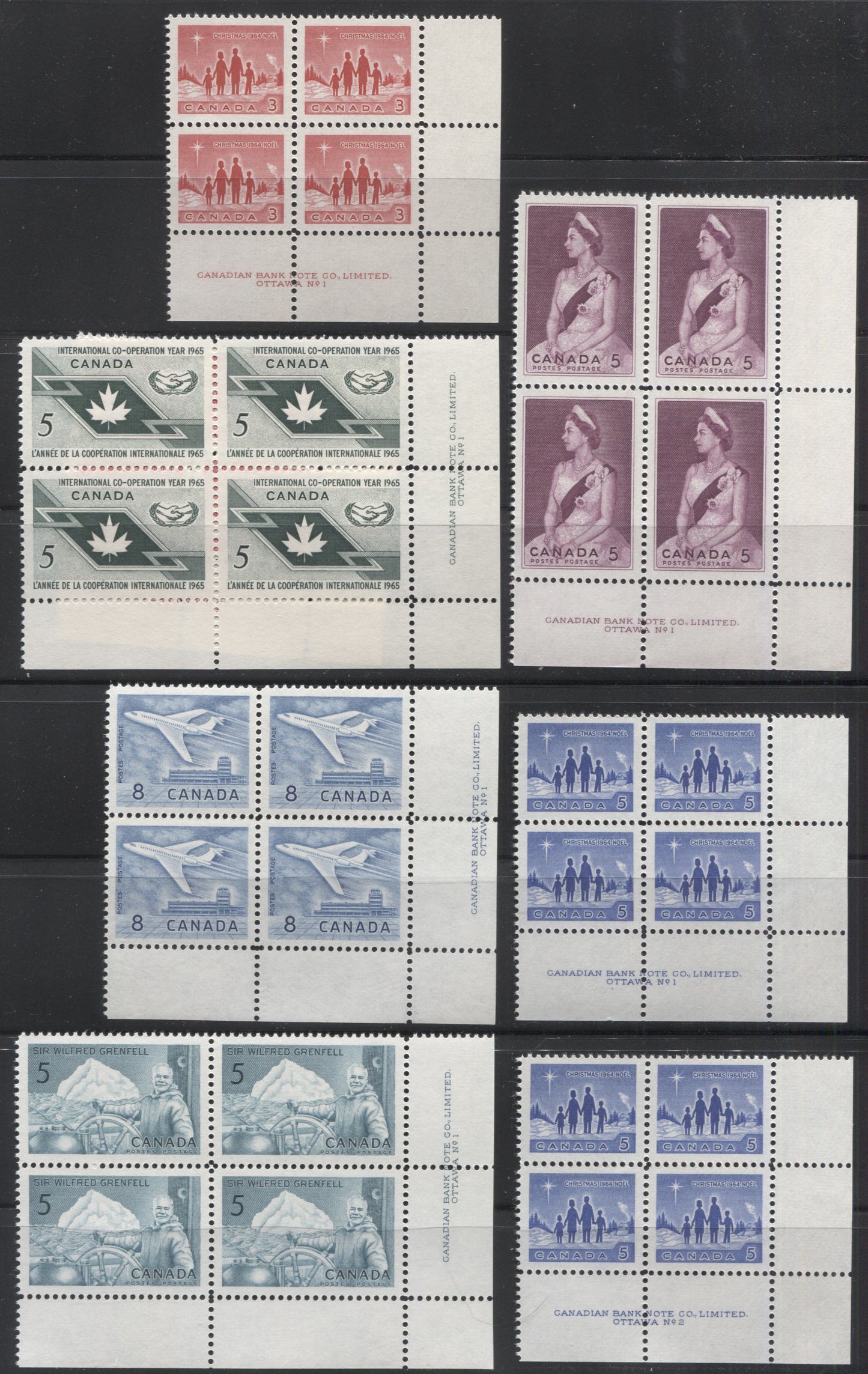 Lot 28 Canada #433-438 3c-8c Red-Blue Star Of Bethlehem - Jet Plane, 1964-1965 Commemorative & Definitives, 8 VFNH LR Plates 1-2 Blocks Of 4, 435i Blocks are on Fluorescent Paper