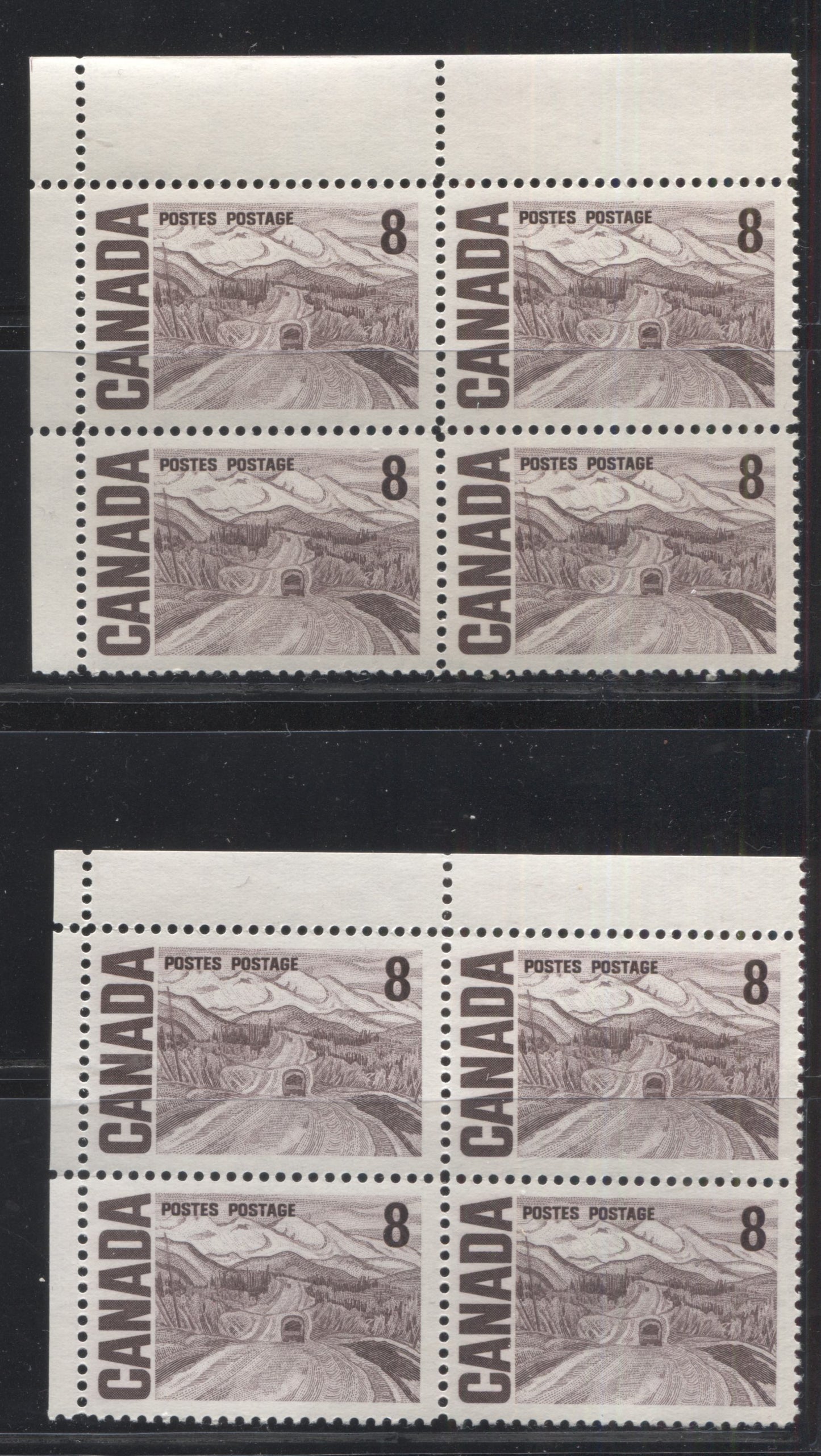 Lot 28 Canada #461i 8c Violet Brown Alaska Highway, 1967-1973 Centennial Definitive Issue, Two F/VFNH UL Field Stock Blocks Of 4 On DF-fl Vertical & Horizontal Wove Papers With Very Few LF Fibers, With Streaky & Smooth Dex Gums
