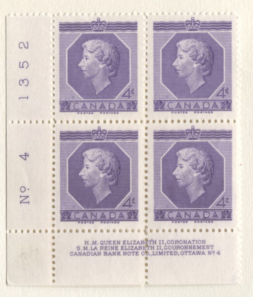 Lot 28 Canada #326-327, 330 2c - 4c Green - Violet Queen Elizabeth II, 1953 Karsh & Coronation Issues, 5 Fine and VFNH LL Plates 1, 4-6 Blocks Of 4