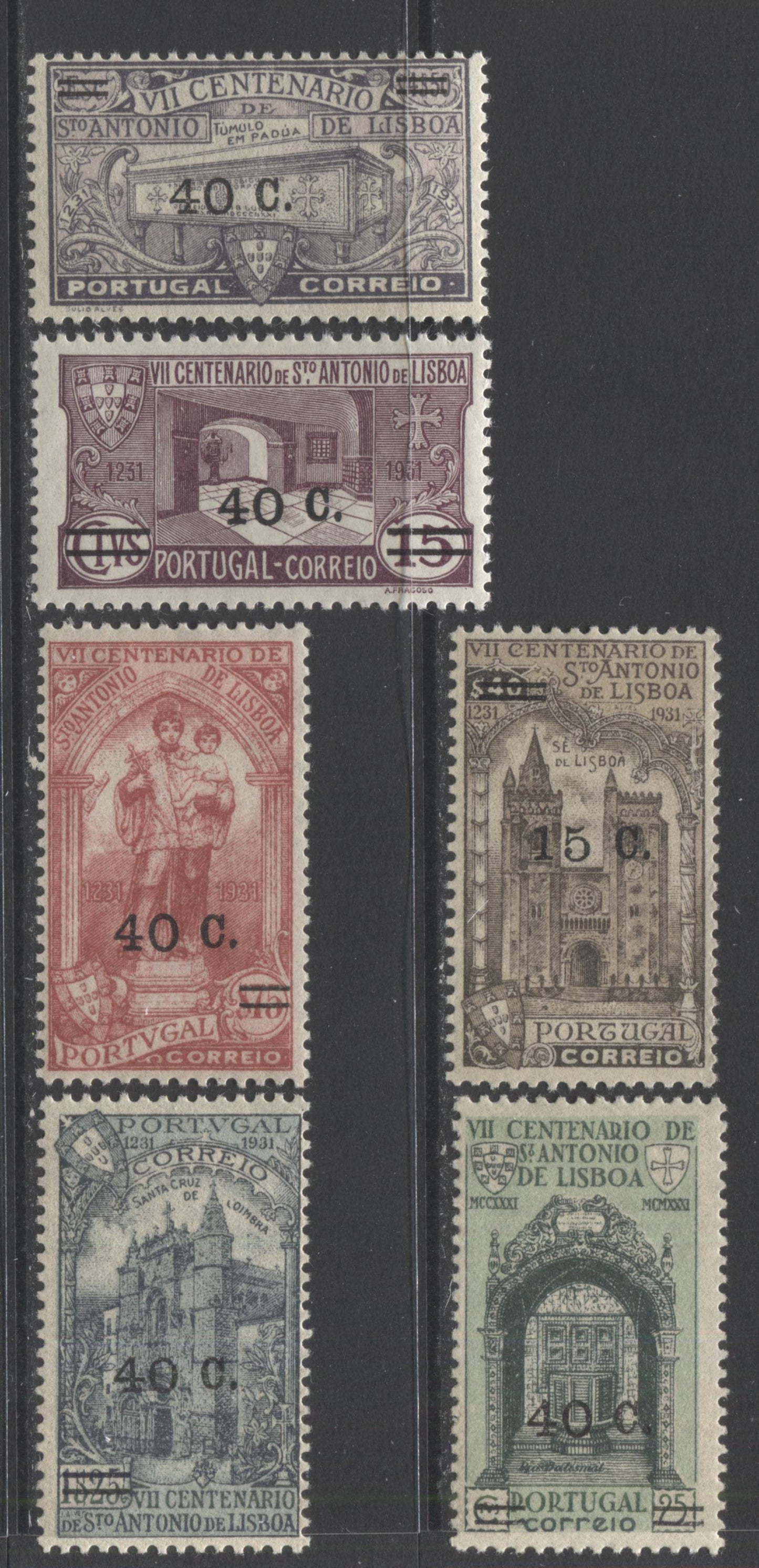 Lot 155 Portugal SC#543-548 1933 Surcharged St. Anthony of Padua Issue, A Mostly VFOG Complete Set, 2022 Scott Classic Cat $29.25 USD