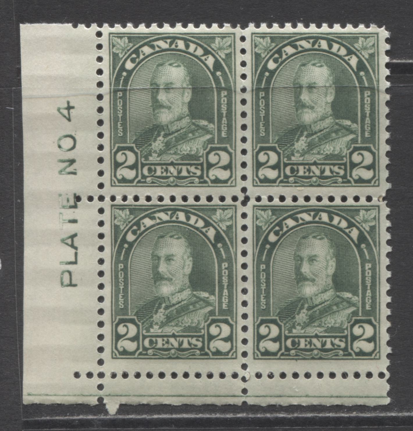 Lot 281 Canada #134 2c Dull Green King George V, 1930-1931 Arch/Leaf Issue, A FNH LL Plate 4 Block Of 4