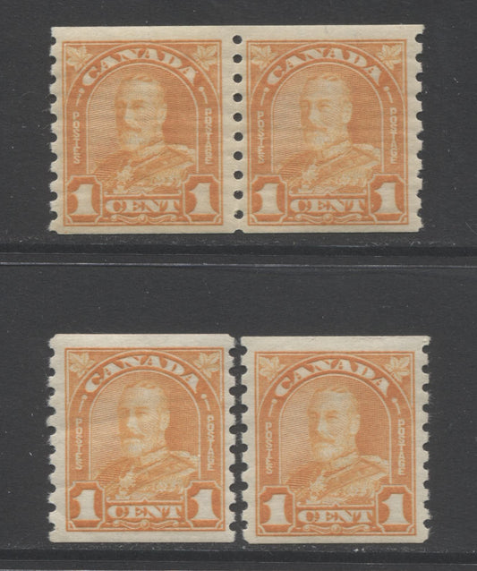 Lot 281 Canada #178 1c Orange King George V, 1930-1935 Arch/Leaf Coil Issue, 3 Fine NH Coil Pair And Singles