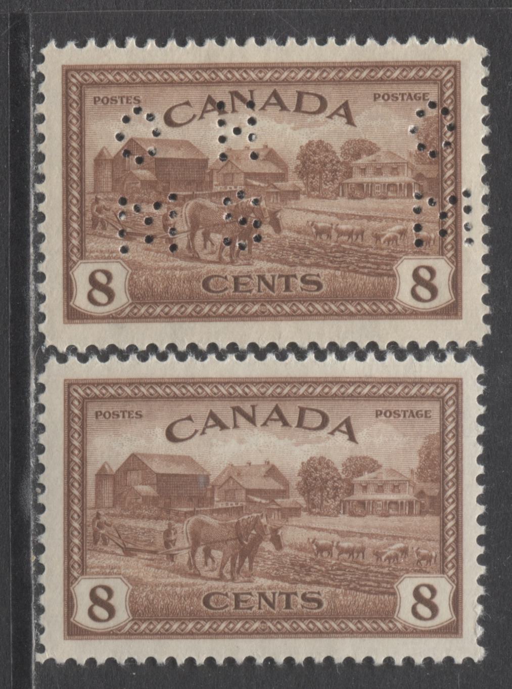 Lot 282 Canada #O9-268 8c Red Brown Eastern Farm Scene, 1946 Peace Issue and 4 Hole OHMS Perfin, 2 VFNH Singles On Vertical Wove Paper With Deep Cream Gum, Position A